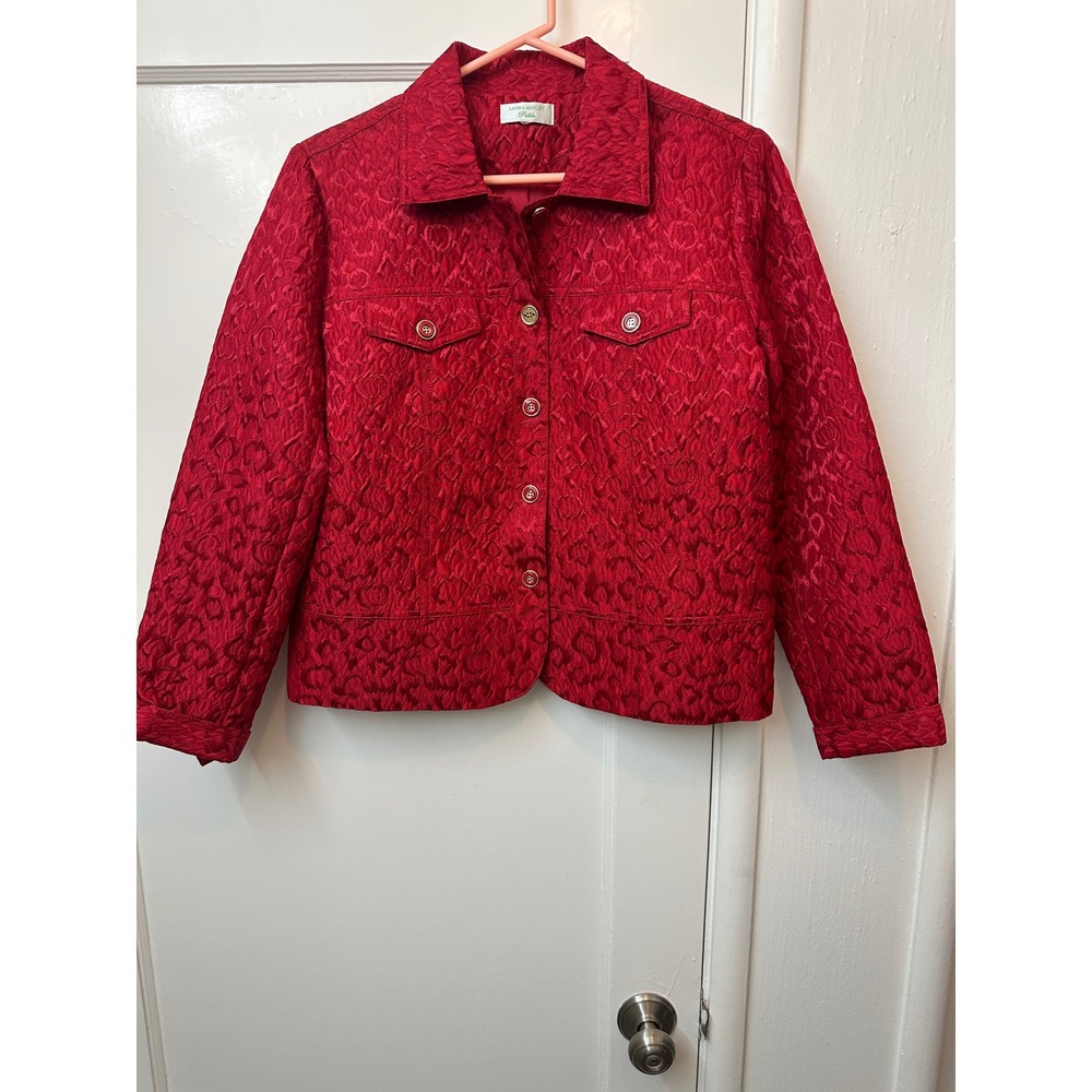 Laura Ashley Petite Red‎ L Jacquard Button Front Jacket Print Textured Coat